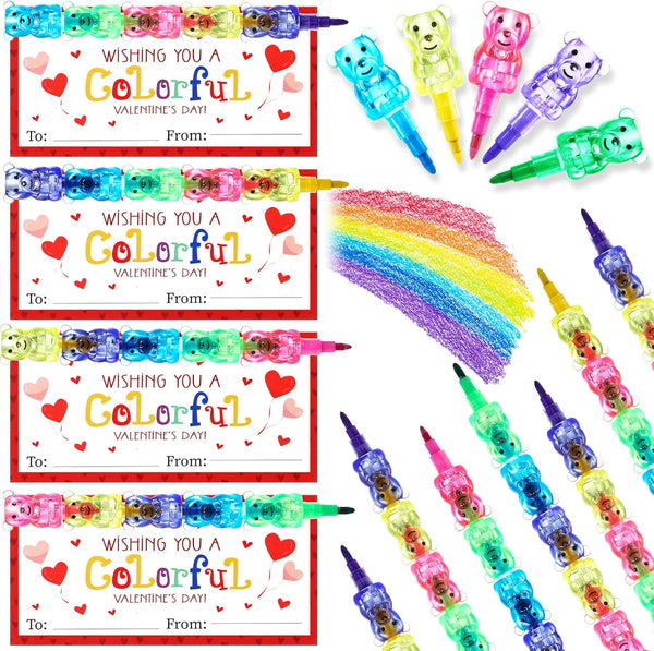 Noveread 24 Valentines Cards and Stacking Crayons 24 Pcs 5 Colors Panda Buildable