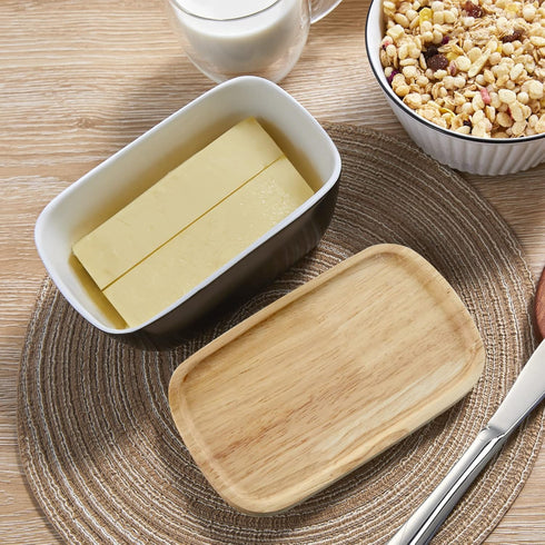 Countertop 3 ALELION Ceramic Butter Container with Airtight Wooden Lid - Black Butter Keeper Crock for - Holds Up