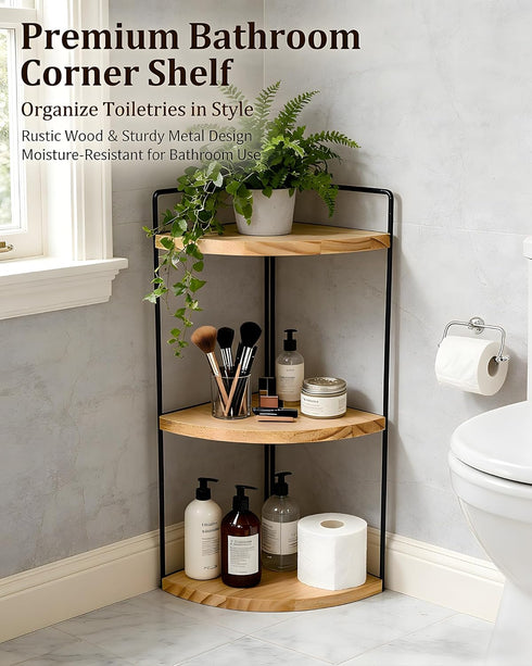 SwartLife Countertop 3-Tier Counter, Corner Bathroom Organizer, Corner Shelf for Vanity & Bathroom Rustic Wood Standing
