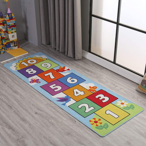 HUSHEGKA Count Hop & Hopscotch Rug for Kids, Floor Play Area Rug Game Carpet Crawl Jump Mat, Skid-Proof Backing, Great