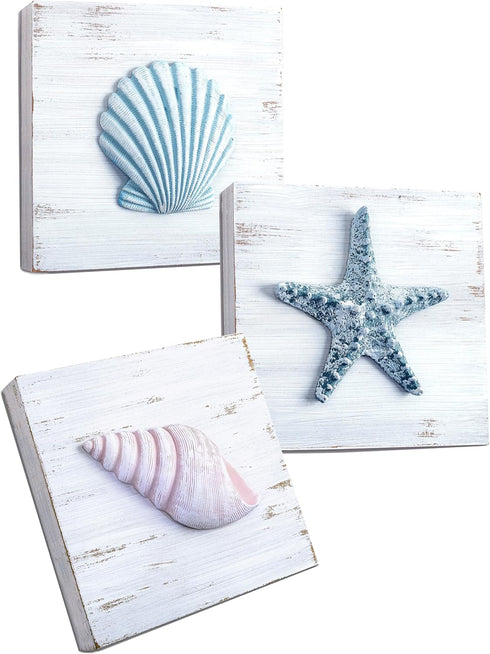 TideAndTales 3D Beach Wall Art - Set of 3 Seashell Decor with Starfish for Beach Bathroom and Coastal Decor