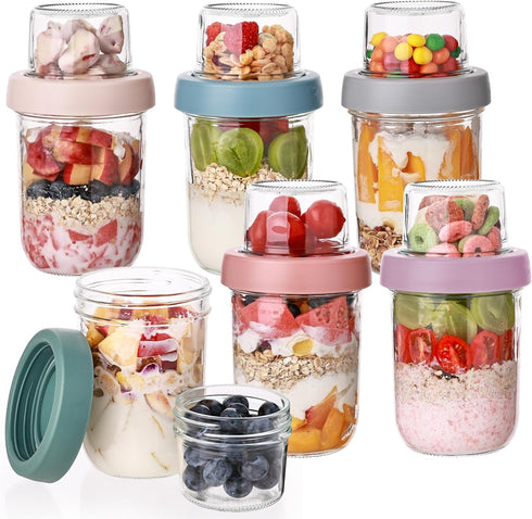 Wells 6 Pack Overnight Oats Containers with Lids, 16 OZ Dual Layer