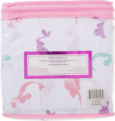 3-Piece Multicolored Mermaid Sheet Set for Kids & Girls, 1 Twin Flat Sheet, 1 Twin Fitted Sheet & 1 Queen Pillowcase