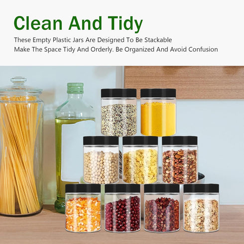 SLifeJars 24 Pack 8oz Plastic Jars with Lids, Clear Stackable Round Empty Jars with Black Lids for Kitchen Storage,