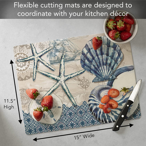 Cut N' Funnel Tide Pool Shells Designer Flexible Plastic Cutting Board Mat, 15" x 11.5", Easy to Clean, Made in the USA