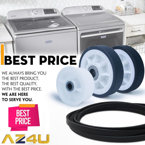Dryer Repair Kit for Maytag Neptune 3000 Series: Drum Rollers, Belt, Idler Pulley, 12001541, 303373K, W10116741