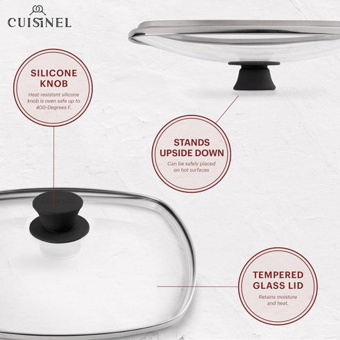 Cuisinel Cast Iron Square Grill Pan with Glass Lid, Pan Scraper, Handle Cover - 10.5" Pre-Seasoned