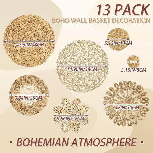 Set 13 Glenmal of Boho Wall Basket Decor Woven Rattan Flat Baskets Handmade Boho Wicker Bamboo Seagrass Wall Hanging