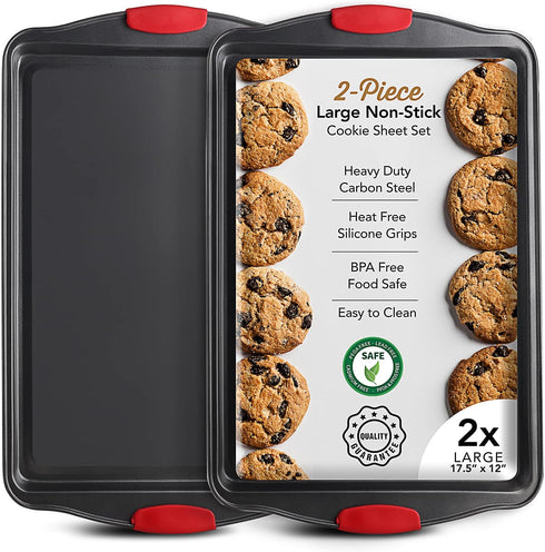 Baking Sheet Set, 2-Piece Large Cookie Sheet with Silicone Handles, BPA Free Nonstick Steel Baking Pans for Oven