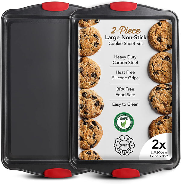 Baking Sheet Set, 2-Piece Large Cookie Sheet with Silicone Handles, BPA Free Nonstick Steel Baking Pans for Oven