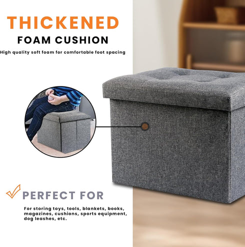 NIENIE 15.7"X11.8"X11.8", Linen Folding Storage Ottoman Coffee Table Small Foot Stool for Living Room, Bedroom, Grey