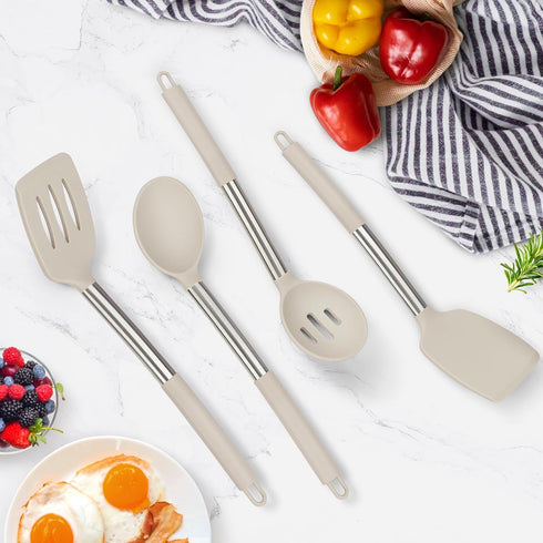 Kitchen Utensils Set, 4 Pack Silicone Utensils for Nonstick Cookware, Khaki, Perfect for Baking and Mixing