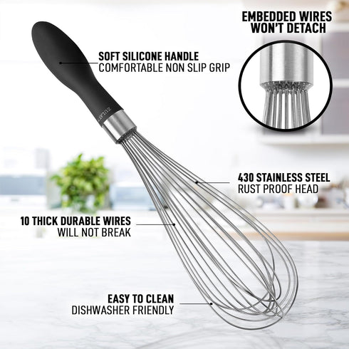 Zulay 11-Inch Stainless Steel Whisk - Balloon Whisk Kitchen Tool with Soft Silicone Handle