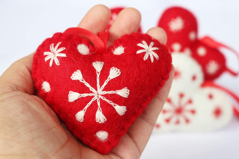 Hearts Christmas Ornaments Set of 4, 100% Pure New Zealand Wool Handmade Eco-Friendly Decor