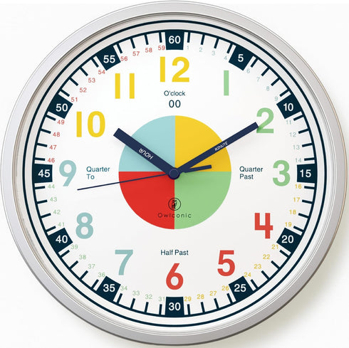 OWLCONIC Non Ticking Analog Clock for Kids, Teaching Clock for Wall, Silent Homeschooling Resource