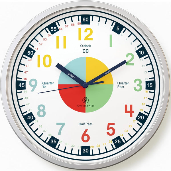 OWLCONIC Non Ticking Analog Clock for Kids, Teaching Clock for Wall, Silent Homeschooling Resource