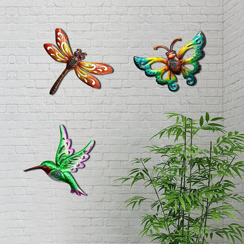 YNGFIL Hummingbird Butterfly Dragonfly Metal Wall Art, 3 Pack 9 Inch Hanging Decor for Indoor Outdoor