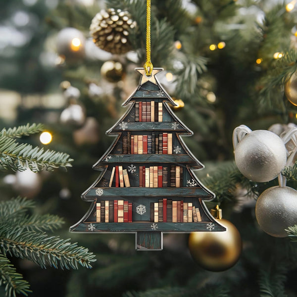 NGHYANNA NGHYANA Wooden Christmas Tree Ornament with Bookshelf Design 4 Inch Hanging Decoration
