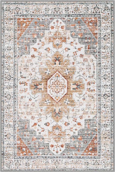 Moynesa Ultra-Thin Washable Entryway Rug 2x3, Small Non Slip Kitchen Rugs for Indoor Vintage Throw Mat, Beige/Gold
