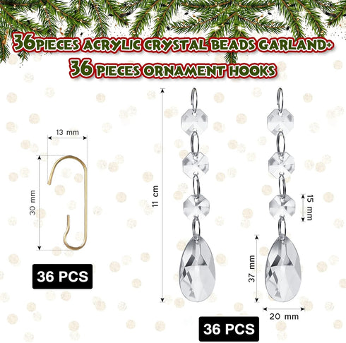 Jetec 72 Pieces Crystal Christmas Tree Ornaments - Clear Beads Garland with Water Drop Pendants and Hooks