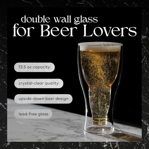 Dragon Glassware Beer Glasses, 13.5 oz Clear Double Wall Insulated Set of 2, Upside Down Design