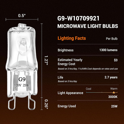 Belleone W10709921 Light Bulb - 120V 25W Halogen Fit for Whirlpool Microwave, KitchenAid, Maytag, Jenn-Air, 4 Pack