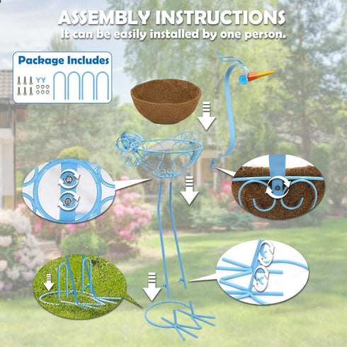2 Sets J-Fly Pelican Metal Flowers Plant Holders Stand with Coconut Pots, Plants Stand Indoor Flower Pots Outdoor, Room
