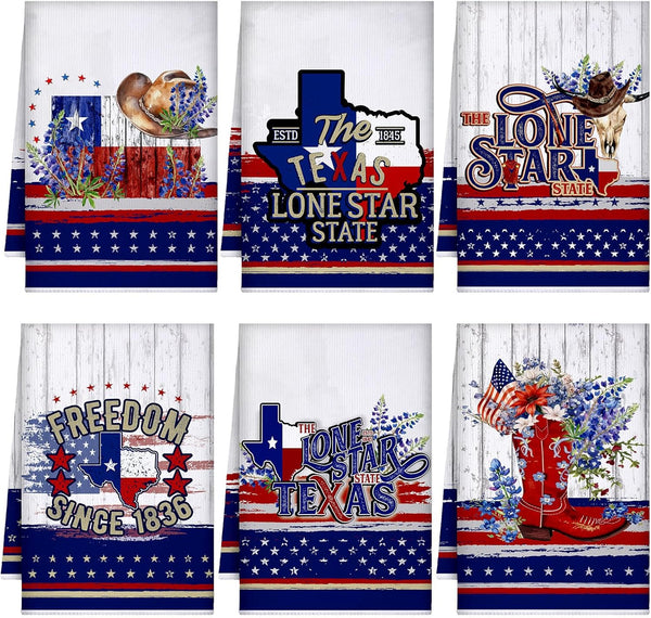 Bencailor 6 Pcs Texas State Kitchen Towel - Patriotic Absorbent Hand Towels for Home Cleaning