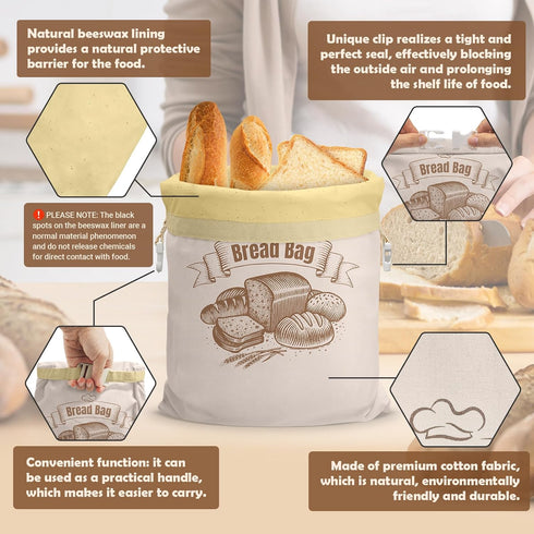 NIKKOUR (2 Pack) 2) Cotton Beeswax Bread Bag Reusable Double-Lock Freezer Safe for Homemade Sourdough Bread Food