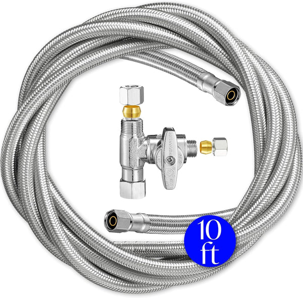 Refrigerator Ice Maker Water Line Kit, 10' Braided Stainless Steel Fridge Water Line with Compression Fittings