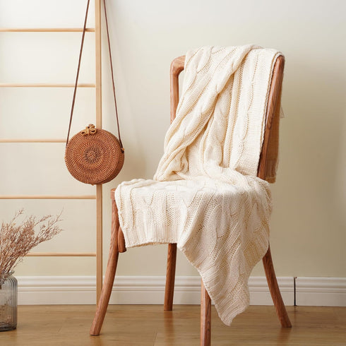 Battilo Cream Ivory Cable Knit Throw Blanket for Couch, Super Soft Warm Cozy Decorative Knitted Throw 50"x60"