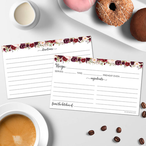 321Done Recipe Cards (Set of 50) Small Floral 3" x 5" - Double-Sided for Weddings, Made in USA - Watercolor Red Roses
