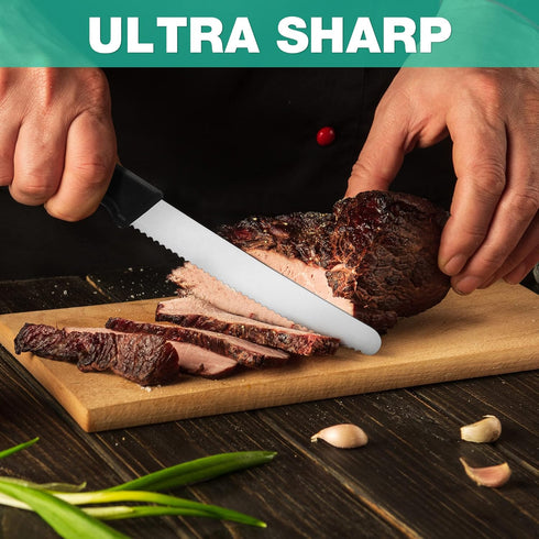HAUSHOF Set of 8 Serrated Steak Knives, Premium Stainless Steel with Gift Box, Black Handle