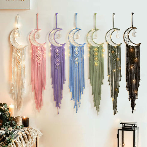 ANROYE Boho Macrame Woven Wall Hanging, Crochet Crescent Moon Star Dream Catcher with Long Tassel- White Cotton