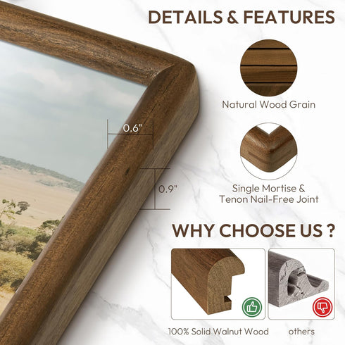 5x7 4x6, 5 7 Picture Frame with HD Tempered Glass, USA-Sourced Walnut Wood Photo Frame Matted to Rounded Corner x