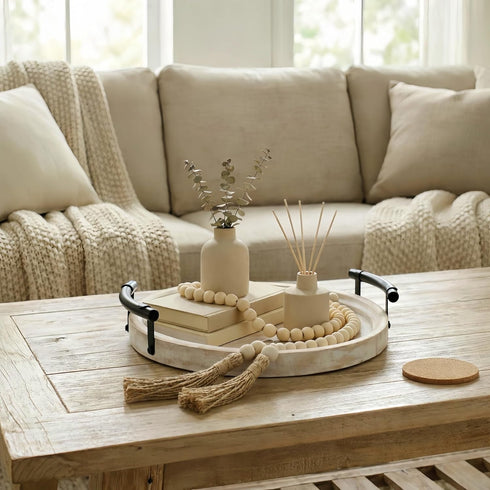 13" Round Decorative Wood Tray with Handles, Whitewashed Farmhouse Coffee Table Decor for Living Room, Entryway