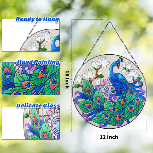 MUMTOP Stained Glass Window Hanging-Suncatcher for Window - Peacock Window Suncatcher Hanging Ornaments Wall Art, Hand-Painted Glass Panel Home Decor for Grandma Gift Idea 12 Inch