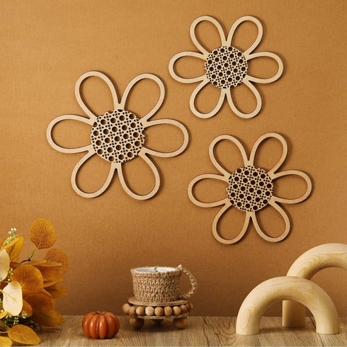 Maitys Set 3, Boho Wall Decor of Wood & Rattan Daisy Flower Wall Hanging Art, Boho Nursery Decor for Bedroom Living