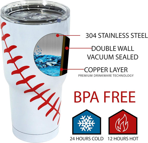 Urbanifi 30 oz Baseball Tumbler with Straw, Lid, and Cleaner | Stainless Steel Insulated Travel Coffee Mug