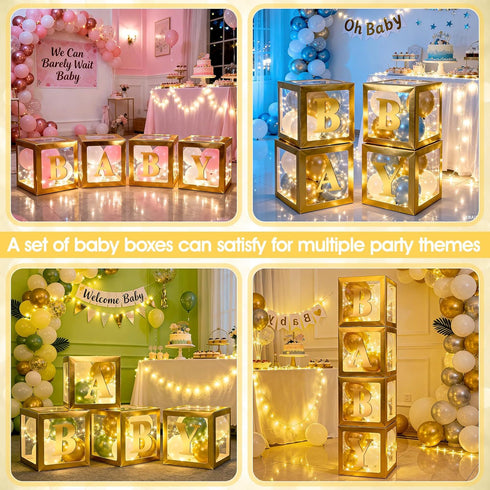 4 Lovelite Baby Boxes with Letters for Baby Shower, Clear Balloon Boxes with LED Fairy String Lights for Gender Reveal