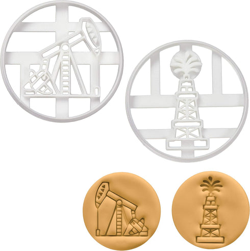 Set of 2 Cookie Cutters, Designs: Oil Derrick & Pump Jack, 2 Pieces - Bakerlogy