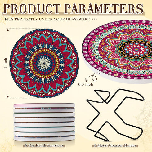 8 Set 4 Inch Patelai Pcs Boho Ceramic Coasters with Holder Mandala Round Absorbent Drink Coasters for Coffee Table
