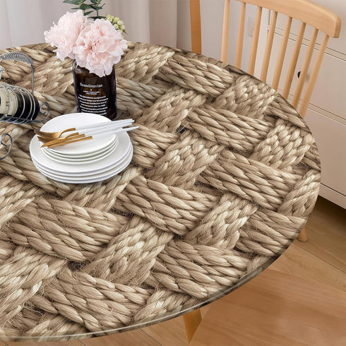 COKCOKR 36"-44" Polyester Fabric Round Table Cover,Jute Woven Texture Tablecloth Natural Beige Braided Tablecloths