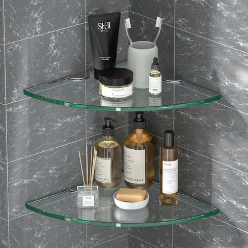 decorstat 2 Pack 8MM-Thick Corner Glass Shower Caddy Tempered Glass Shelf No Drilling Wall Mount Corner Mounted Shelves