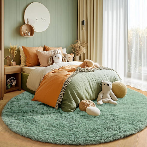 5Ft Sage Green Round Rugs for Boys Bedroom,Shaggy Circle Rug for Kids Room,Fluffy Carpet for Classroom Shag Circular