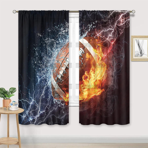 Cinbloo American Football Curtains Sheer Rod Pocket Wall Decor for Kids, Teens Bedroom, Water Flame Football Art