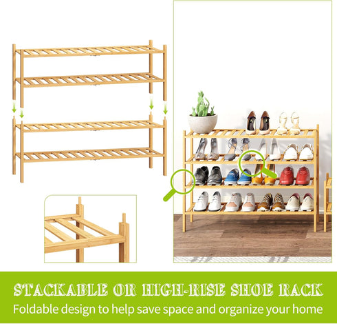 2-Tier Closet BMOSU Bamboo Extended Shoe Rack Premium Stackable Shoe Shelf Storage Organizer for Hallway Living Room