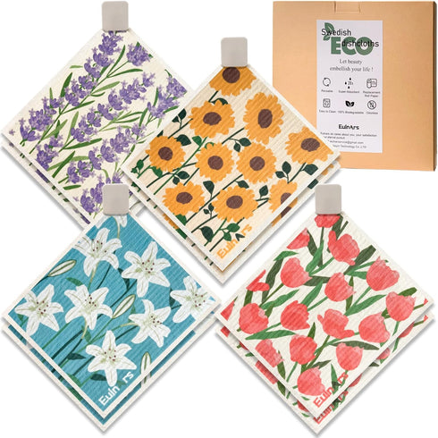 8 Pack Flower Swedish Dishcloths for Kitchen with 3 Clips, 9 Classified Labels, Reusable, Washable, Biodegradable,
