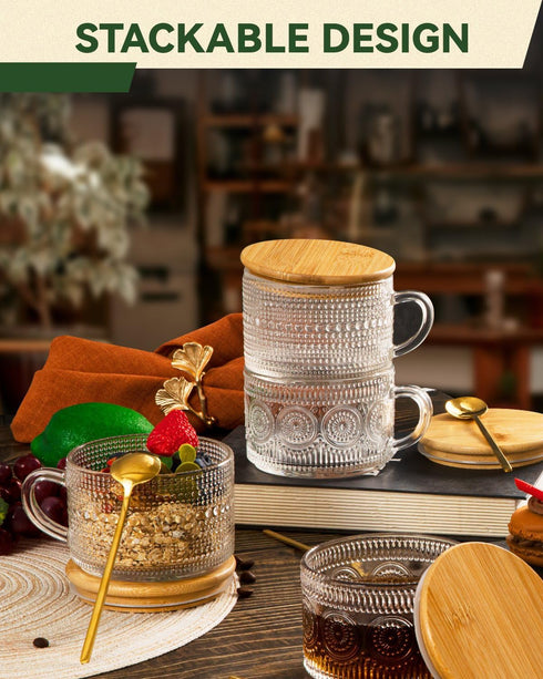 Semderm Set 4, 14oz Vintage Glass Coffee Mugs of Overnight Oats Containers with Bamboo Lids and Spoons - Clear Tea Cups