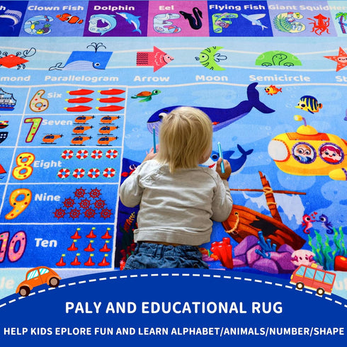 Mfmiudole 59"39.4" ABC Kids Rug for Playroom Ocean Rug Baby Play Mat Alphabet Carpet Sea Animal Number Shape Classroom